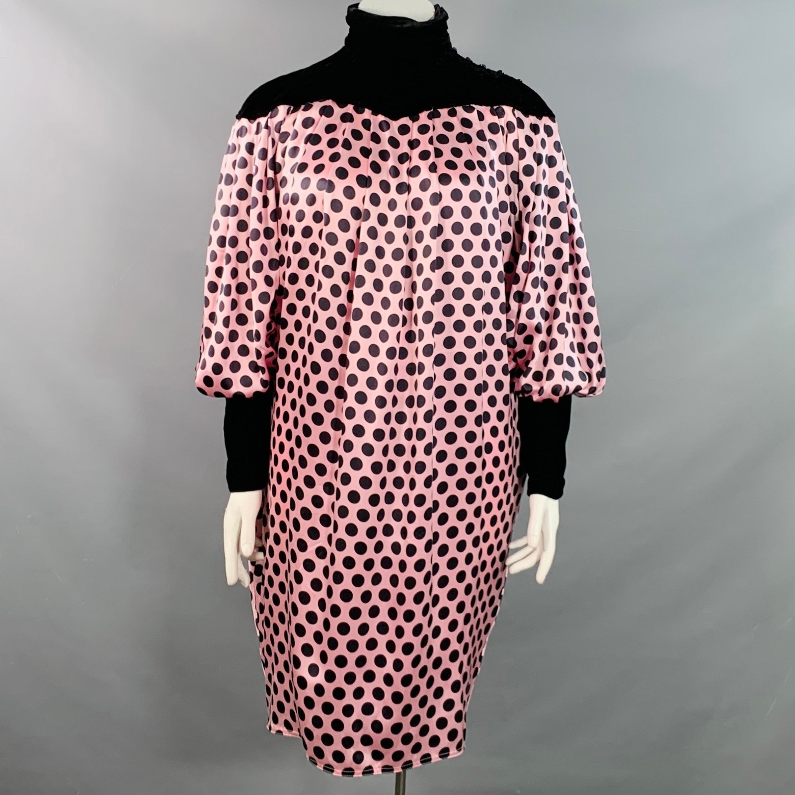 Ungaro Vintage 1980s Size L Pink Black Silk Polka Dot Turtleneck Tent Dress